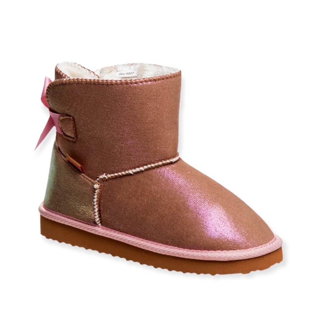 JOSMO Ankle Winter Booties Pink Tan Bow Back Iridescent Faux Leather Fur Lining